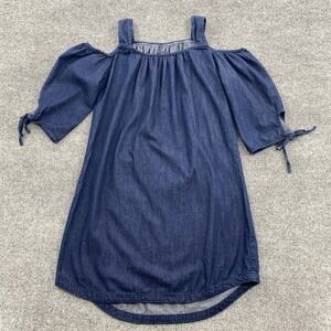 Max Jeans Denim Dress Womens Medium Blue Cold Shoulder Tie Sleeve Boho Casual